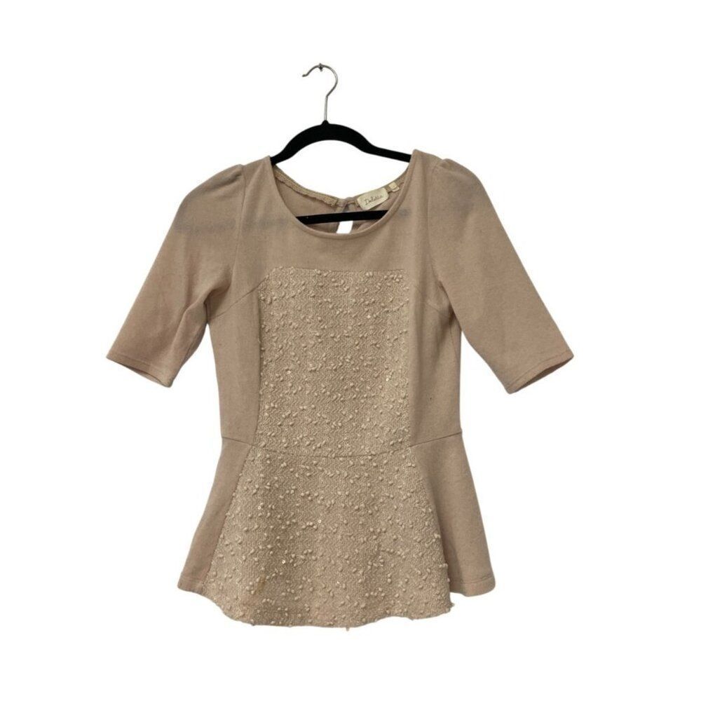 Anthropologie Deletta Women Peplum Blouse Sweater Small Cream Pink Bobble